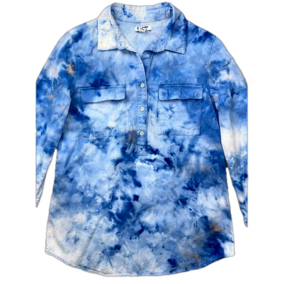 TEXAS STORMS Tie dye half button up shirt pockets upcycled by Impulsive Designs - Picture 2 of 14